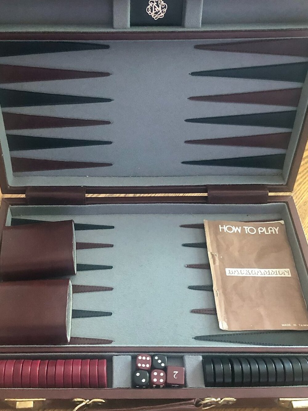 Vintage Backgammon Set Burgundy Faux Leather Travel Briefcase Attache Case